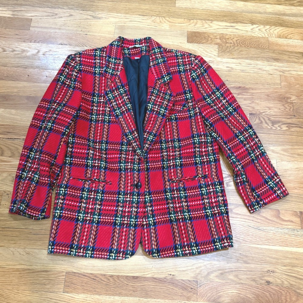 Vintage Joule Energy Red Plaid Wool Blend Blazer Jacket Size 13-14 Bulgaria - Picture 2 of 7